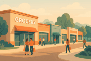 Illustration of a neighborhood shopping center anchored by a grocery store with people walking and shopping, representing stable community retail investment