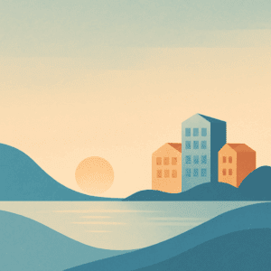 Conceptual illustration of a peaceful landscape at sunrise with stylized multifamily buildings, symbolizing the stability and calm of passive real estate investing.