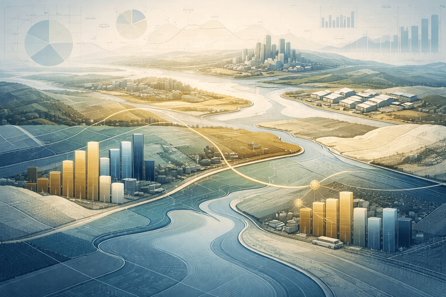 Abstract illustration showing multiple real estate markets and asset types represented through layered map textures and financial data patterns