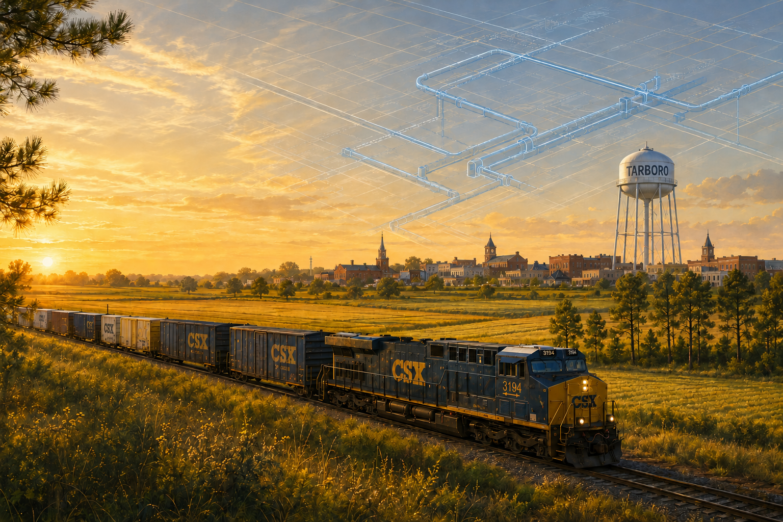 Coastal Plain of Eastern North Carolina at golden hour with Tarboro on the horizon and faint blue water-pipe lines overhead — Kingsboro's setting and infrastructure investment.