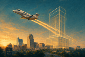 Private jet contrails resolving into a Raleigh office tower, marking flyExclusive's corporate expansion at One North Hills.