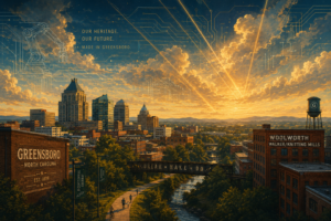 Greensboro skyline at golden hour with subtle laser-beam patterns above, marking Lumentum's new advanced-manufacturing facility.