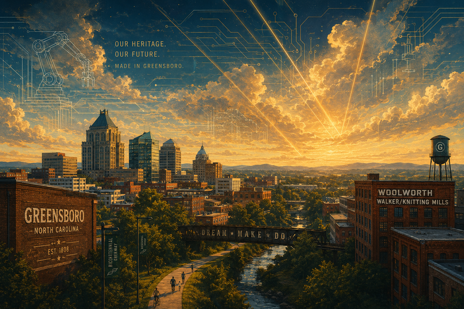 Greensboro skyline at golden hour with subtle laser-beam patterns above, marking Lumentum's new advanced-manufacturing facility.