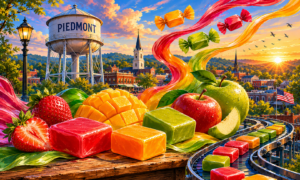 Stylized fruit-chew candies drifting over a small-town North Carolina skyline, marking Morinaga's HI-CHEW plant in Mebane.