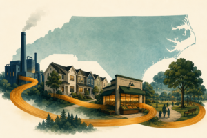 A flowing amber ribbon connects a factory chimney, suburban townhomes, a grocery storefront, and a community park, with the North Carolina state outline behind.