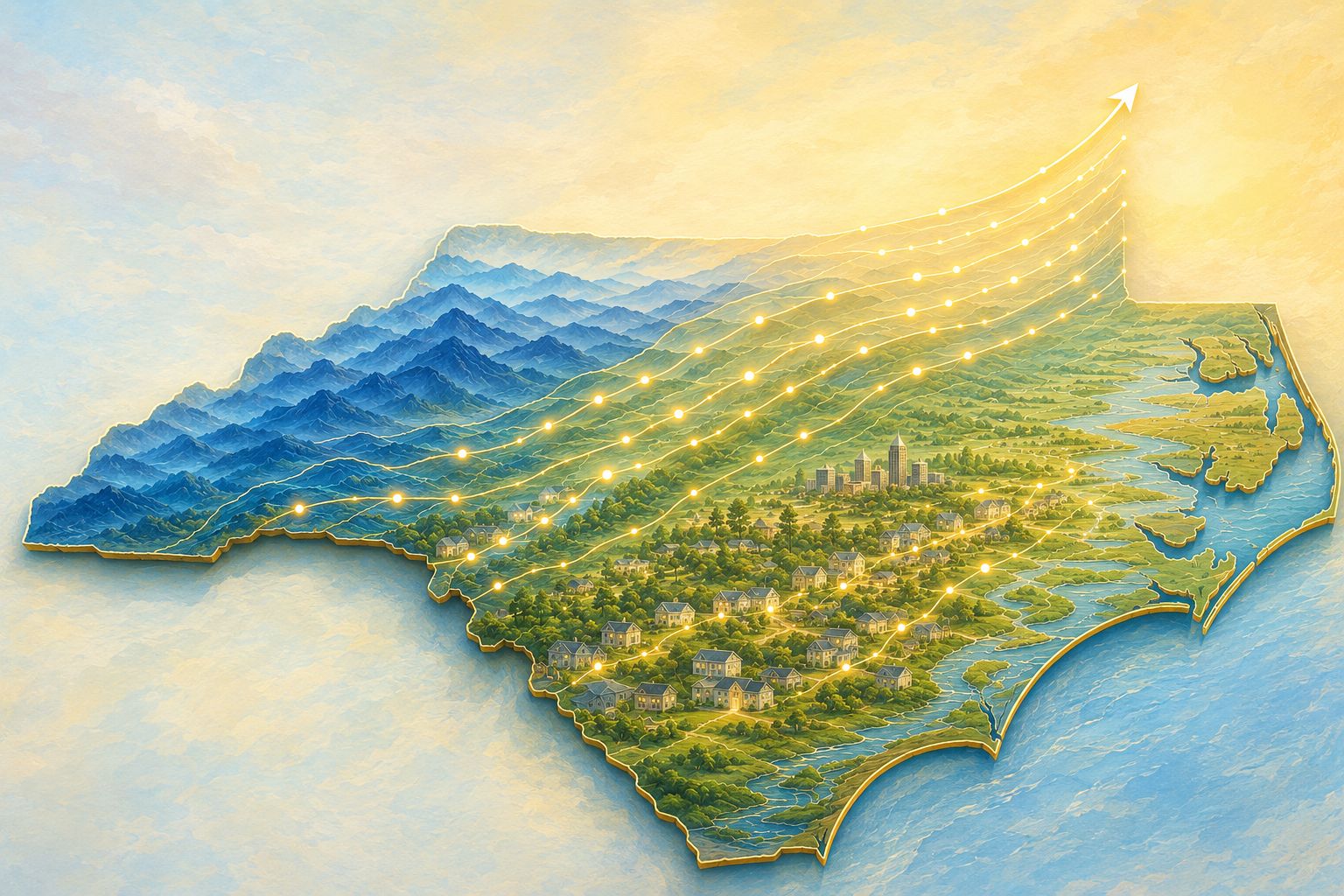 North Carolina population growth illustrated as topographic ridgelines from the Blue Ridge Mountains to the Coastal Plain.