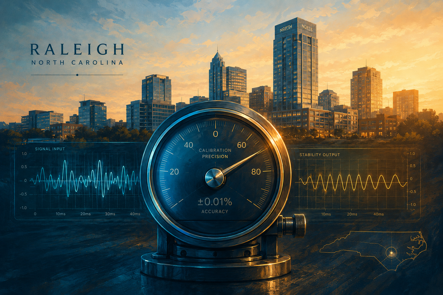 Precision measurement dial paired with the Raleigh skyline, marking Ralliant's North Hills global headquarters opening.