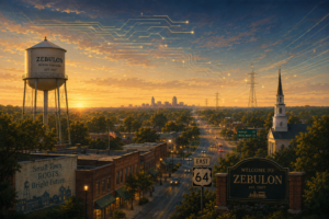 Editorial illustration of Siemens electrical switchgear powering Wake County, NC, for AI data centers
