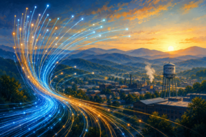 Illustration of glowing optical fiber strands over the Catawba Valley foothills near Hickory, North Carolina