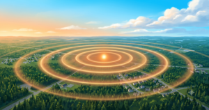 Aerial conceptual illustration of warm economic ripple rings spreading outward from Holly Springs across the Triangle landscape at sunrise, representing Genentech's $2 billion investment.