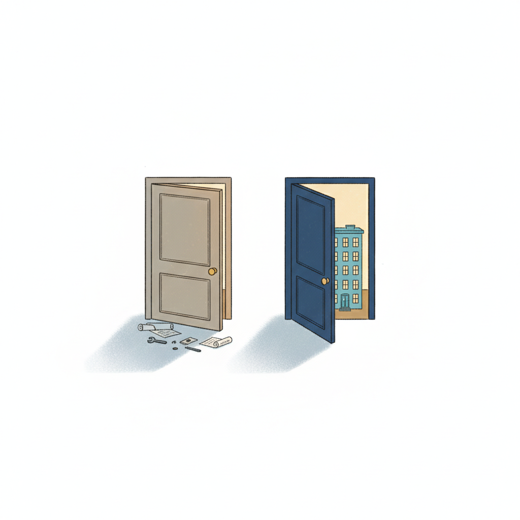 Two small doors on a white surface, one closed and cluttered, one open to warm light and a blue apartment building.