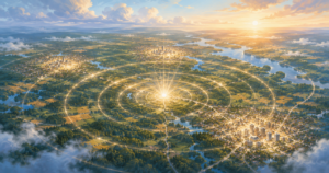 Aerial map illustration of the Triangle with ripples of light from the AbbVie Durham campus site spreading to nearby towns