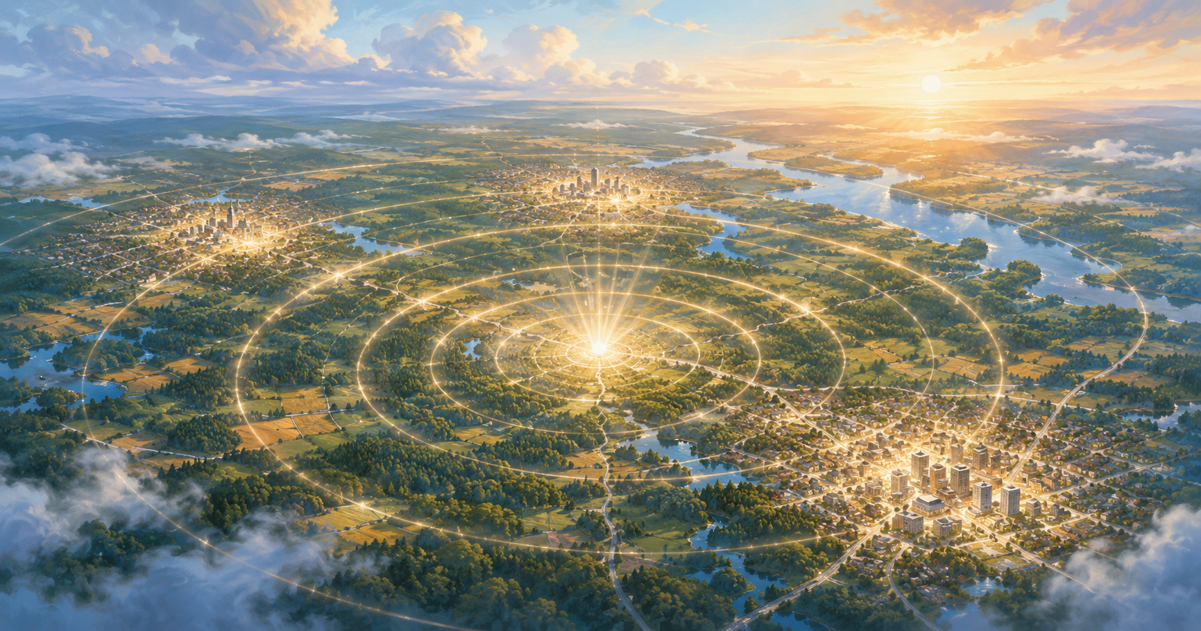 Aerial map illustration of the Triangle with ripples of light from the AbbVie Durham campus site spreading to nearby towns