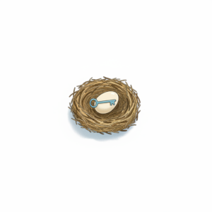 A celestial-blue key resting on a cream egg in a small warm-tan nest.