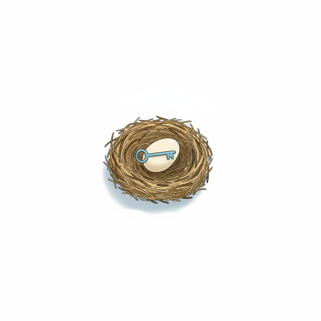 A celestial-blue key resting on a cream egg in a small warm-tan nest.