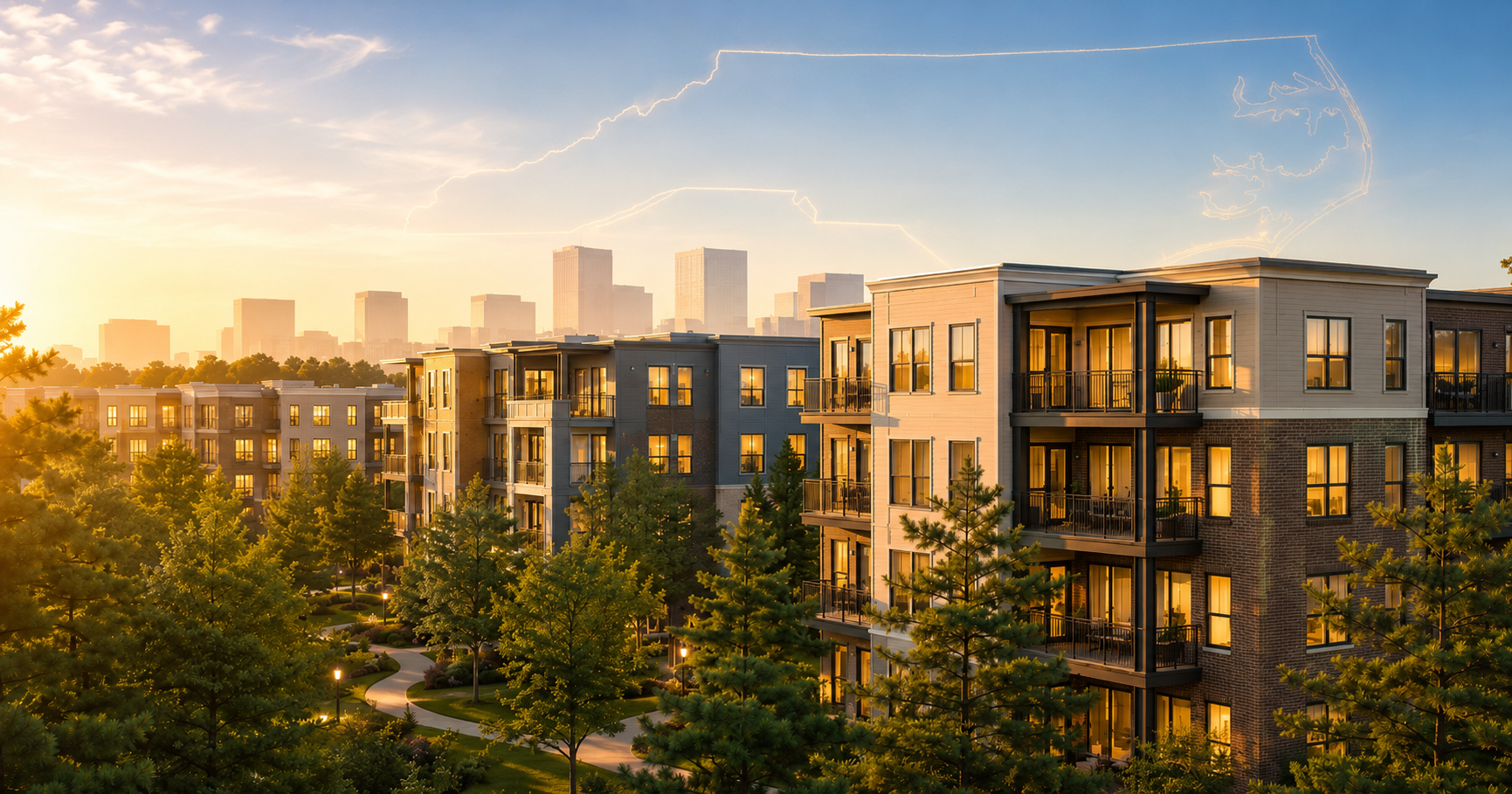 Editorial illustration of apartment buildings interlocked with the outline of North Carolina's pine country