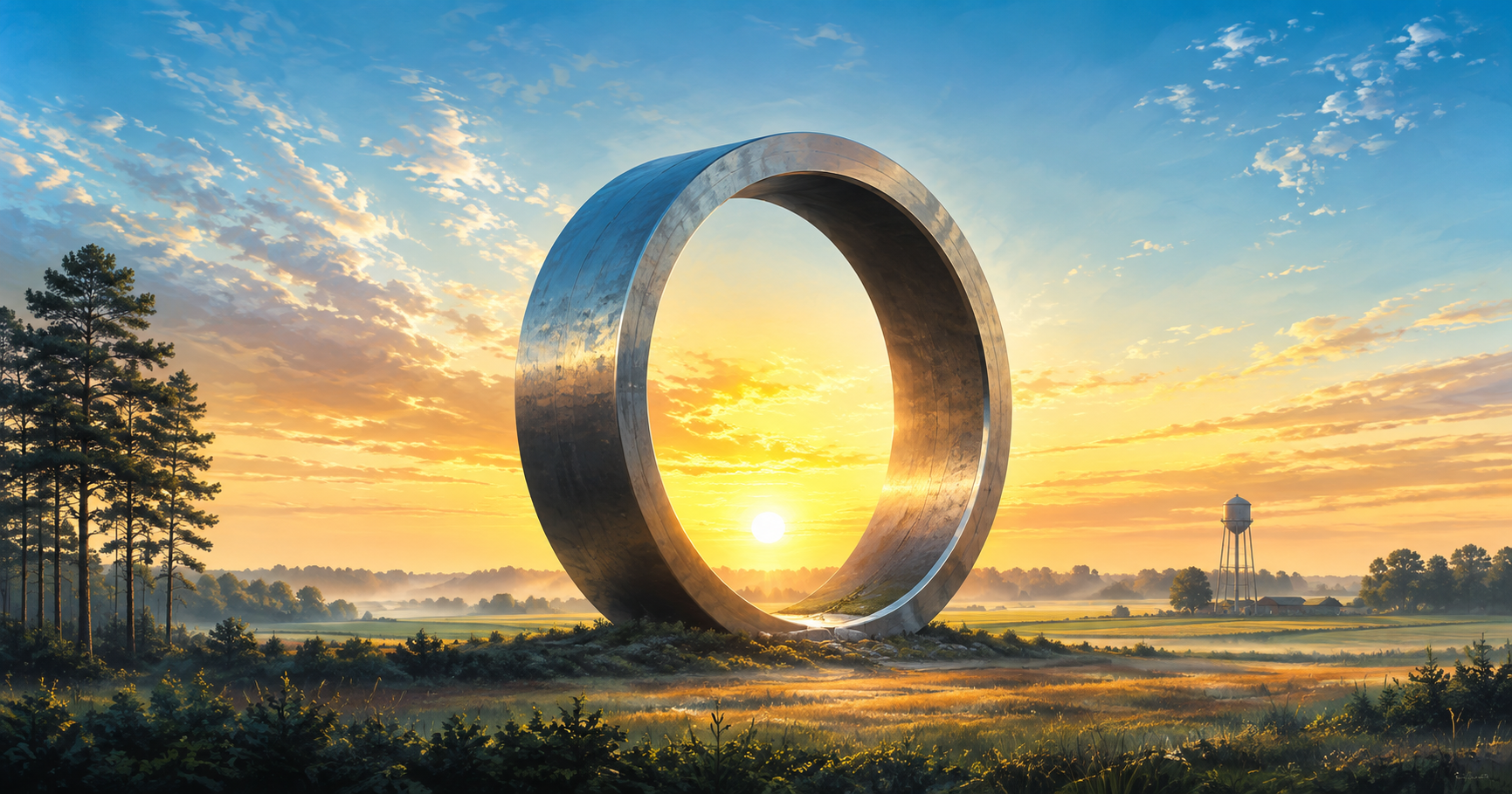 Glowing forged steel ring over a rural Hertford County landscape at sunrise, marking the new steel plant.