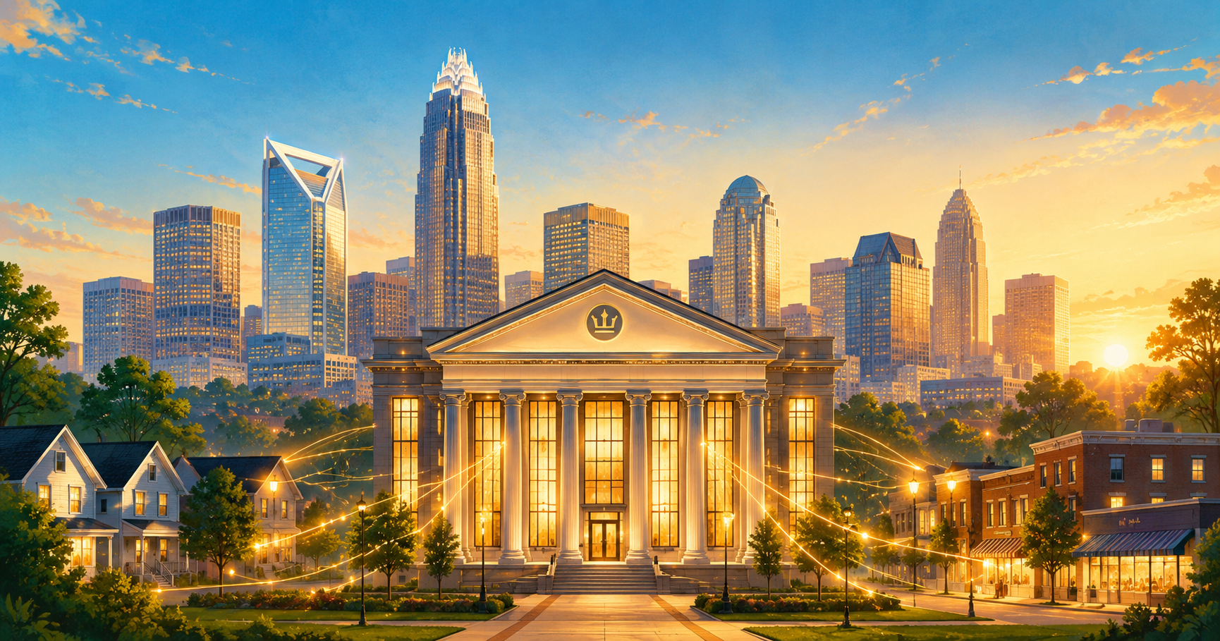 Stylized bank facade glowing before the Charlotte uptown skyline at sunrise, light flowing toward homes and shops