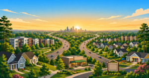 Illustrated Charlotte skyline at sunrise with interstate corridors leading to neighborhoods and daily-needs retail