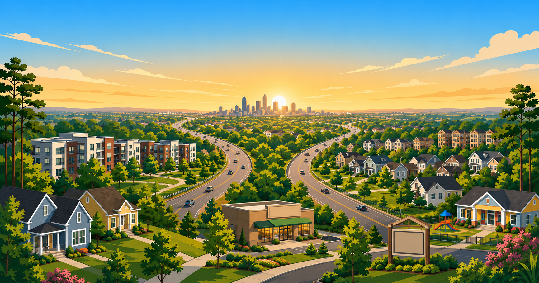 Illustrated Charlotte skyline at sunrise with interstate corridors leading to neighborhoods and daily-needs retail