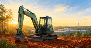 Illustrated compact excavator at sunrise before a Triad manufacturing campus near the John Deere Kernersville plant