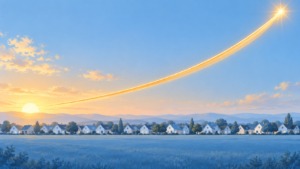 Illustration of a rising gold payroll line above a flat row of white rooftops, Wilson County housing and jobs