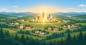 Glowing metro core linked by commute lines to a ring of homes and shops, a North Carolina housing demand concept