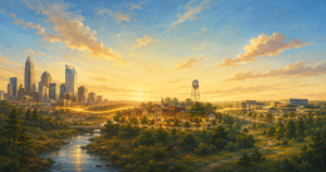 Illustration of Charlotte, a small NC town, and Raleigh linked by golden light, showing the three-site Siemens Energy North Carolina expansion.